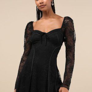 Lulus Flirty Adoration Black Lace Long Sleeve Seamed Mini Dress - Size S